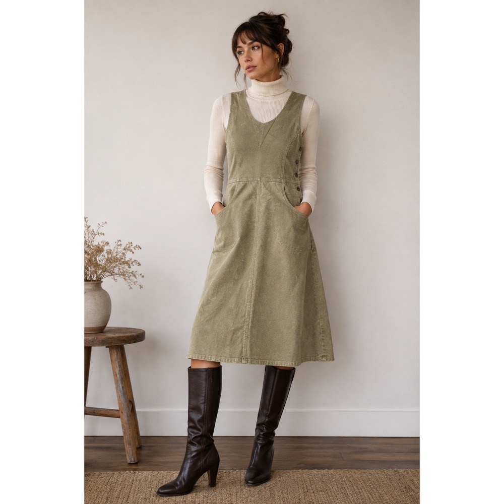 VTG Woolrich Khaki Corduroy Overall Dress Cottagecore Granola Oatmeal Jumper S
